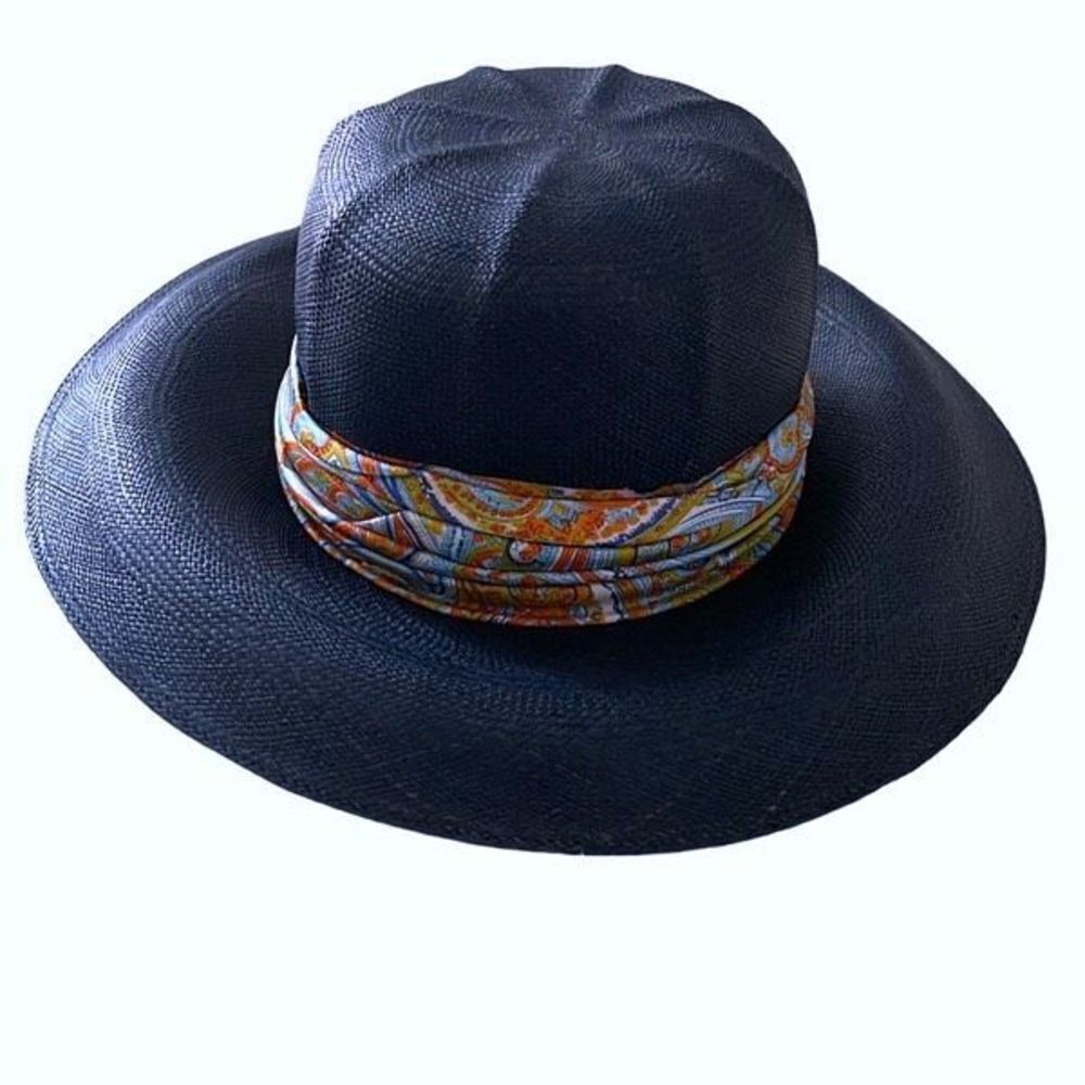 Vintage Filene’s Navy Blue Sun Straw Hat with Satin Paisley Ribbon